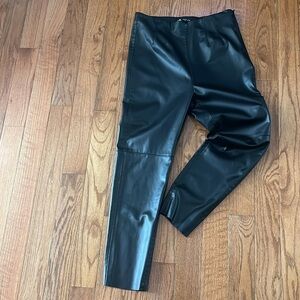 Zara Faux Black Leather Pants Flat front side zip Raw Hem Slim Trousers